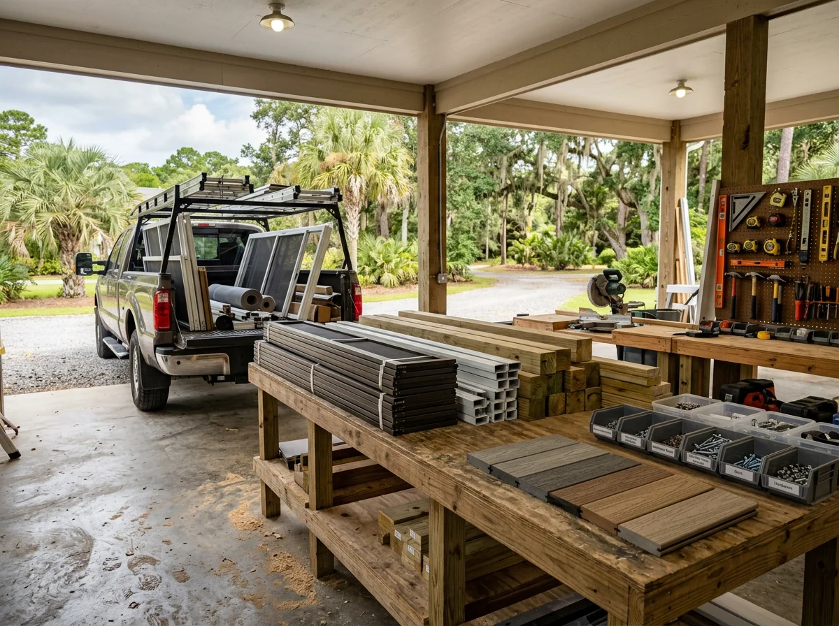Professional outdoor construction workspace with tools and materials for screen room, sunroom, and pool enclosure projects.