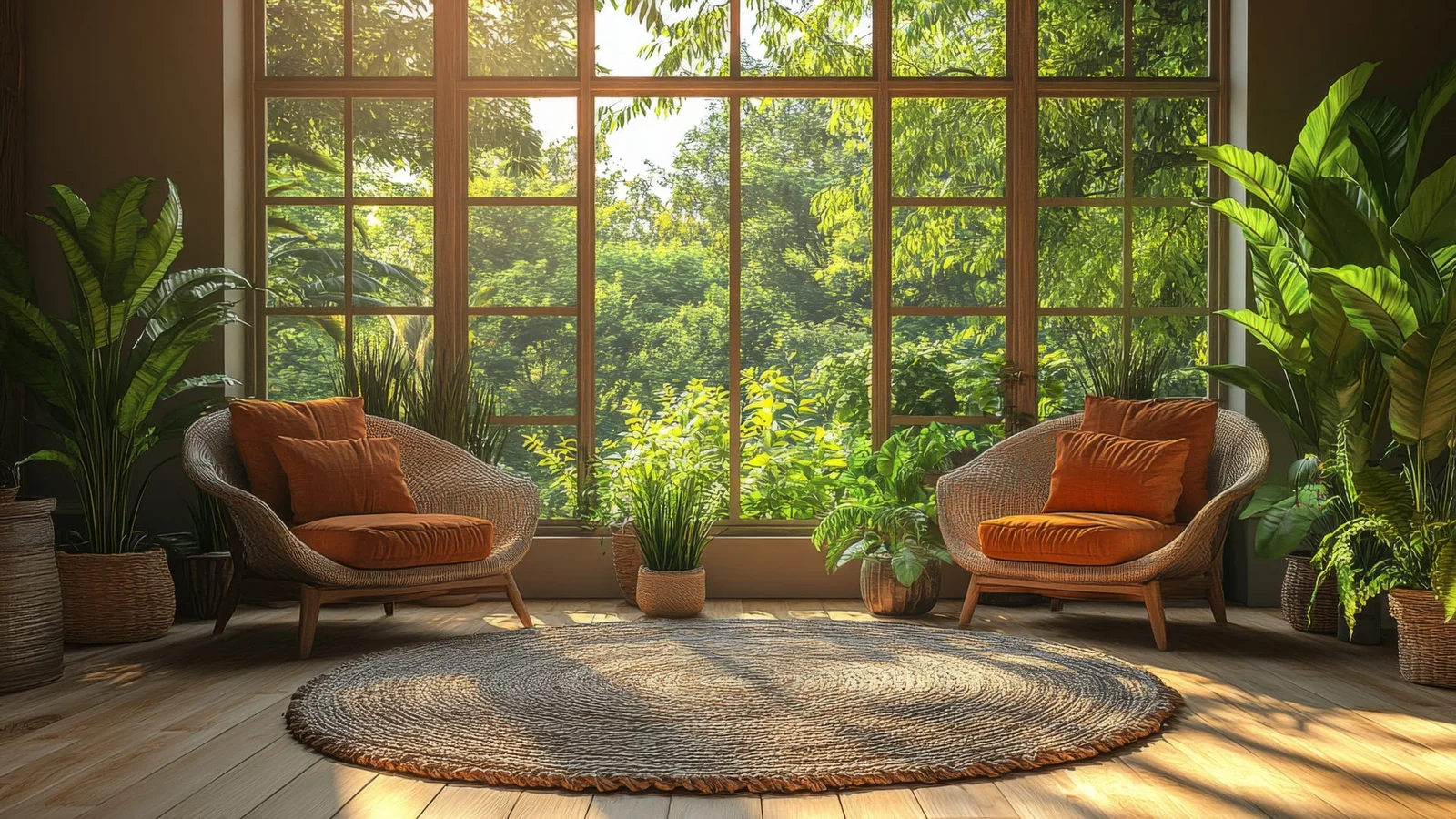 Sunroom with wood-framed divided-light windows, wicker lounge chairs with orange cushions, round braided rug, and potted tropical plants on wood floor
