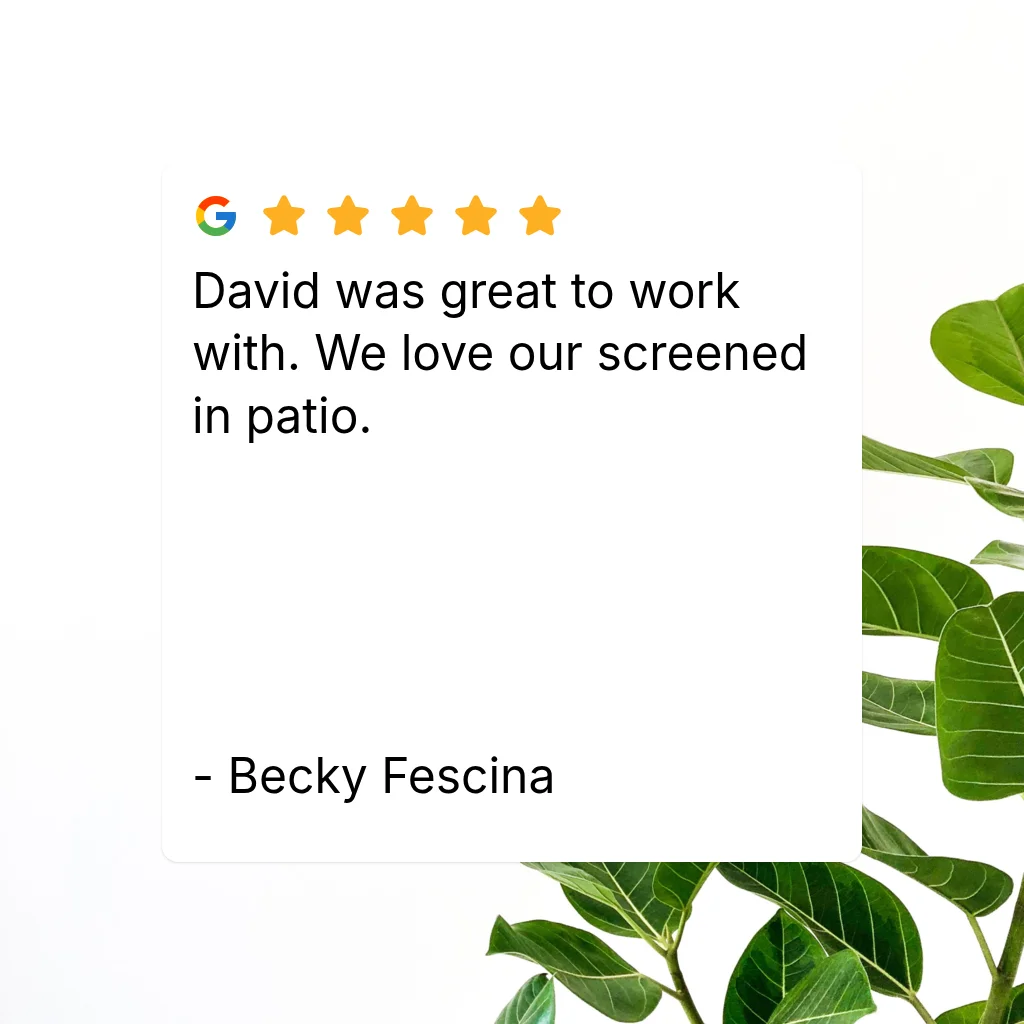Five-star Google review card praising a screened-in patio, with green plant leaves in the background