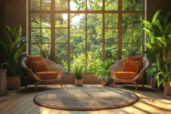 Sunroom with wood-framed multi-pane window wall, wicker chairs with orange cushions, and woven round rug on hardwood floor