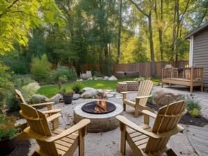 Stone paver patio with circular fire pit, natural boulder accents, wood Adirondack chairs, and wooden bench