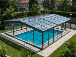 Dark gray aluminum pool enclosure with translucent roof and glass side panels over an in-ground pool with pavers