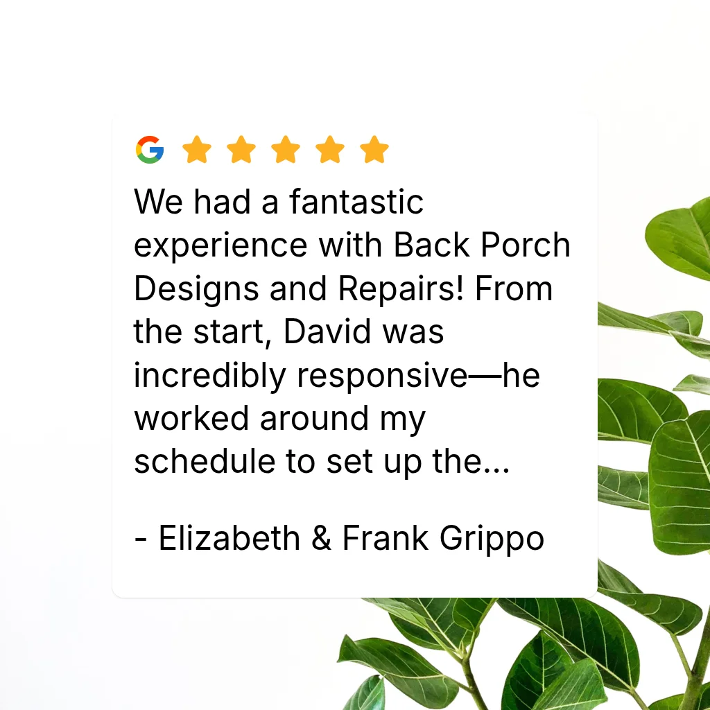 Five-star Google review card with testimonial text beside green plant leaves on white background