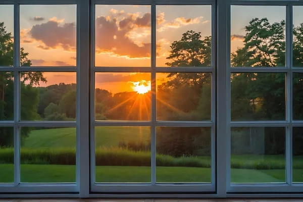 Large white-framed multi-pane window with grid dividers overlooking a grassy lawn at sunset