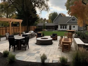 Stone paver patio with wood pergola, fire pit, outdoor kitchen, and wicker dining set beside a wood privacy fence
