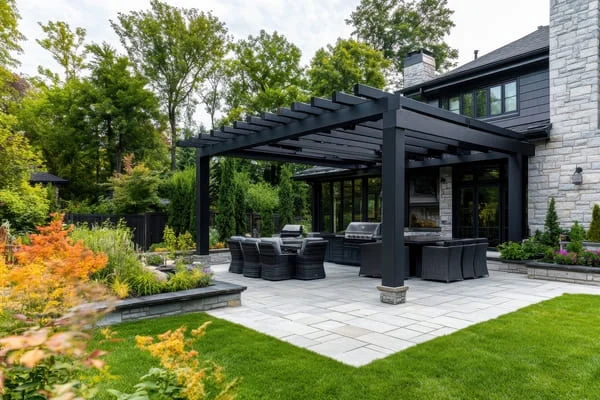 Black pergola over gray paver patio with built-in grill, stone veneer counter, and woven outdoor seating