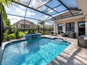 Screened pool enclosure with aluminum frame, gray paver deck, in-ground pool, and stone spa