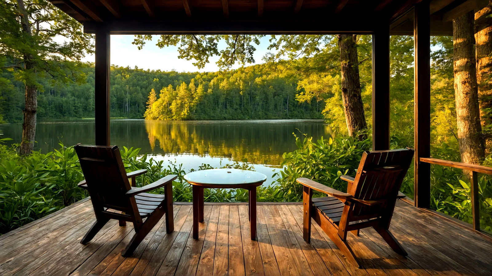 Covered wood deck with dark stained Adirondack chairs, glass-top table, timber posts and beams, and a horizontal wood railing overlooking a lake