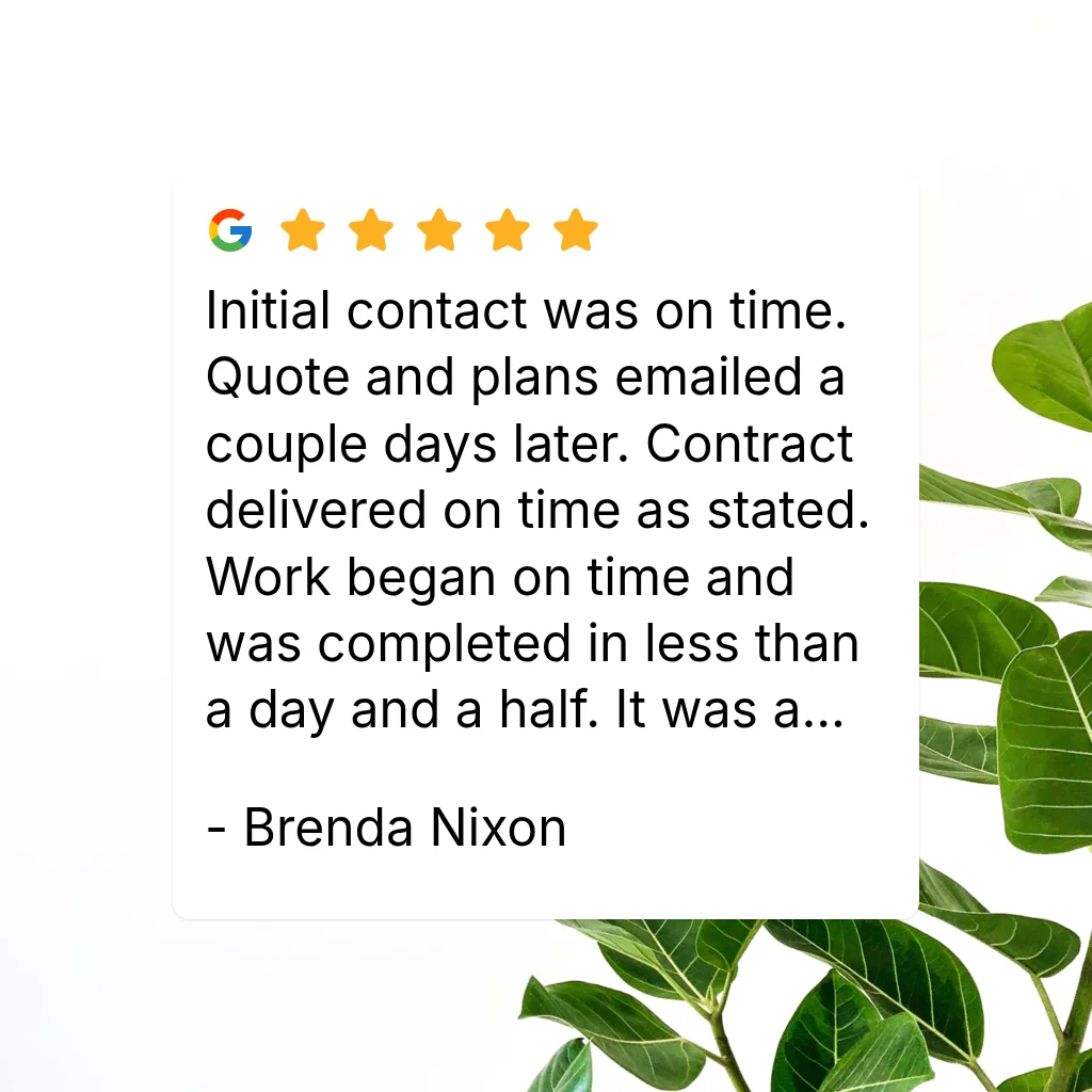 Five-star Google review card with green plant leaves in the background, praising on-time service and quick completion