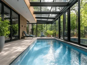 Indoor lap pool under glass enclosure with black aluminum frames, glass walls, and paver deck