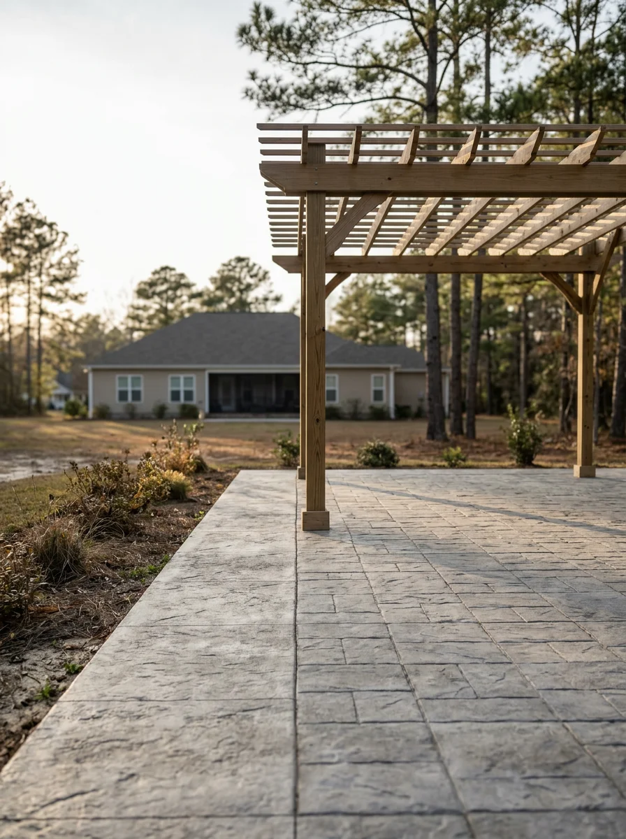 Covered concrete paver patio and pergola on a large rural lot in Aynor, SC, showing a structured outdoor living space adjacent to a single-story home.