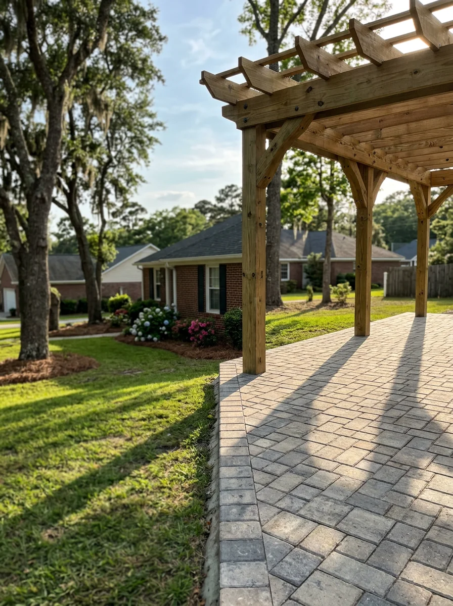 Concrete paver patio and pergola installation in a Conway, SC subdivision, showing a structured outdoor living space adjacent to a single-story home.