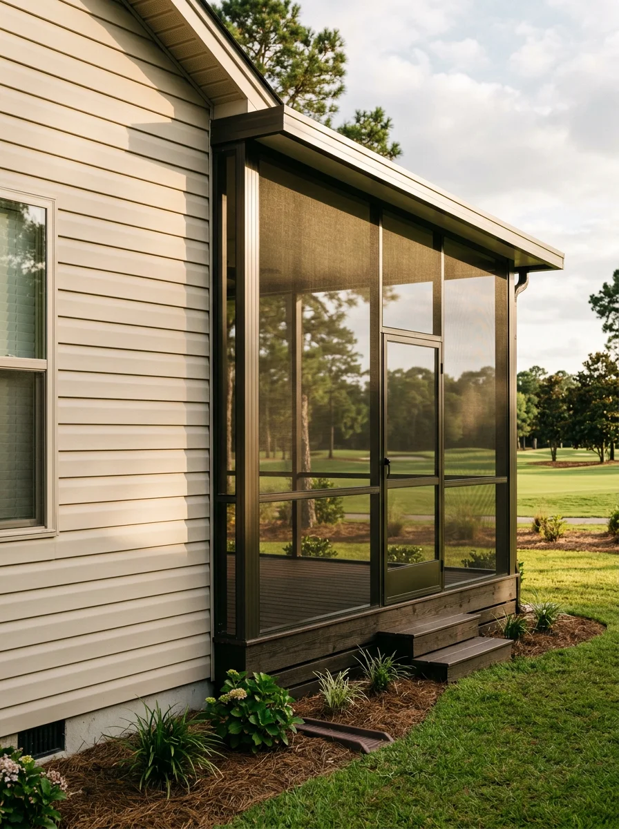 Screen room addition on a single-story retirement community home in Little River, SC, with a golf course fairway in the background.