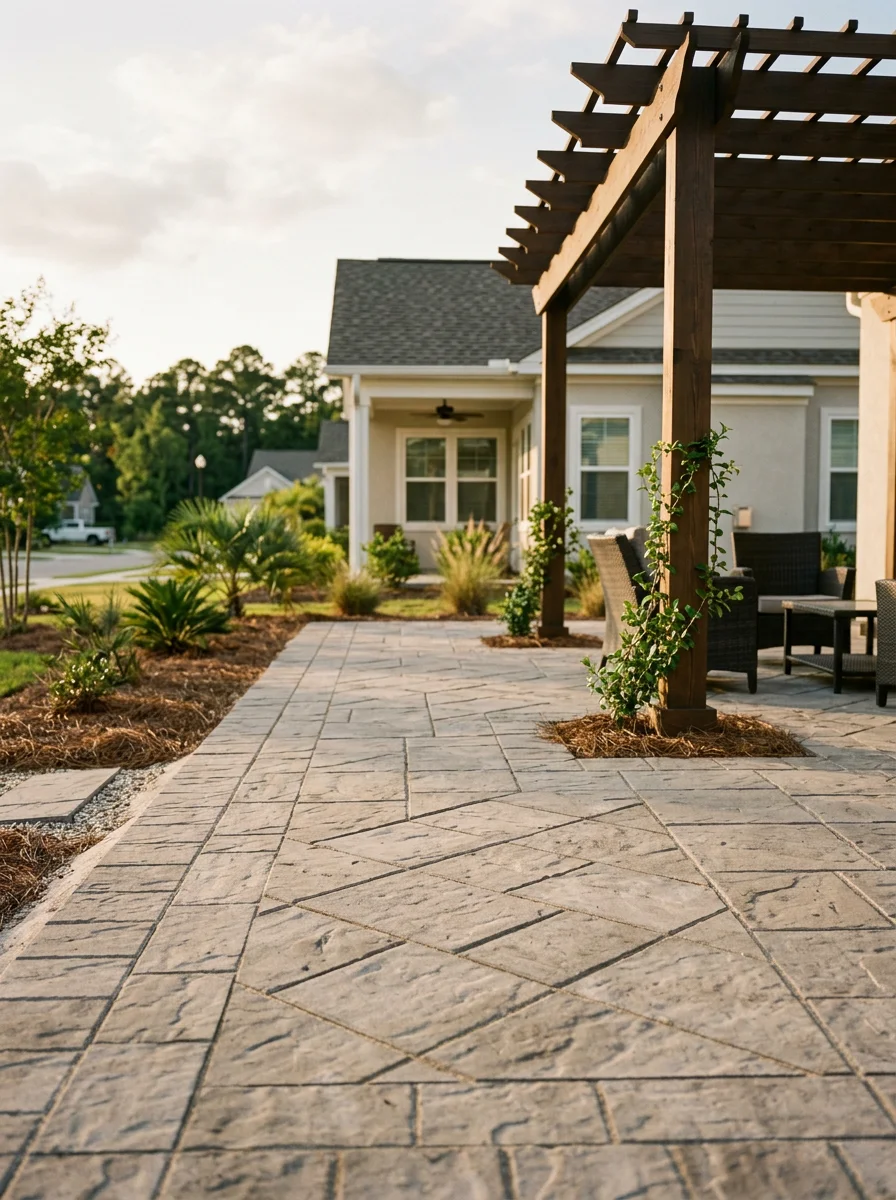 Concrete paver patio and pergola installation on a generous lot in Longs, SC, showing a structured outdoor living space adjacent to a newer construction home.