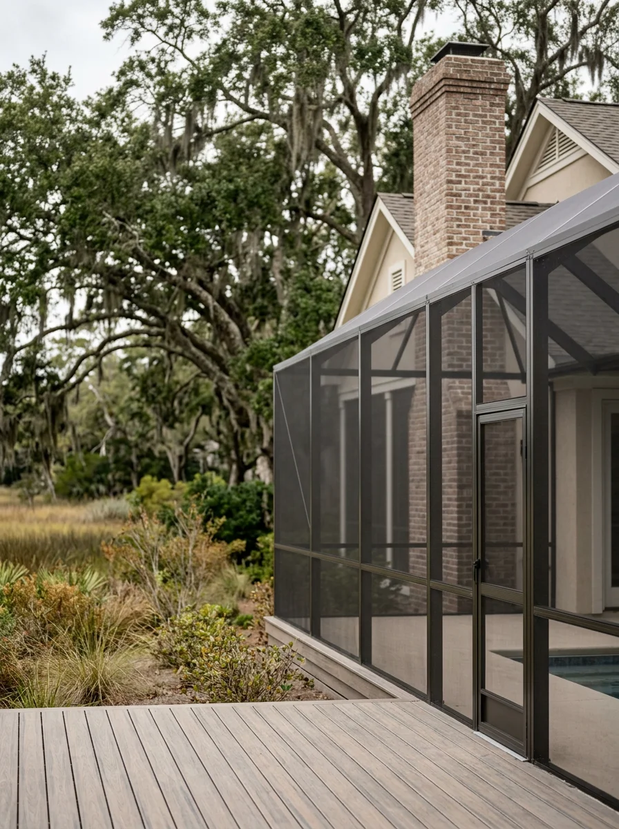 Pool enclosure with coated aluminum framing on a single-family home in the Prince Creek community, Murrells Inlet, SC.