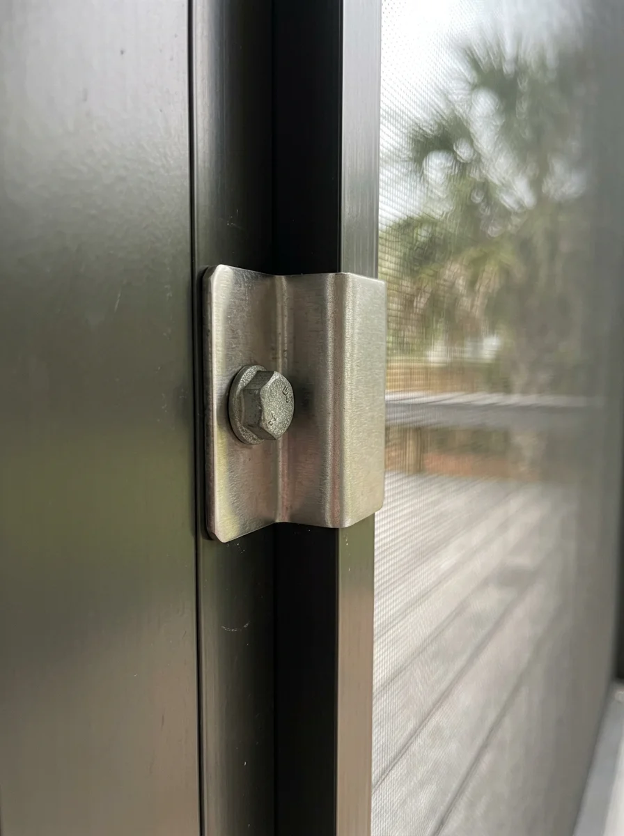 Close-up of a newly installed screen room corner joint and coated fastener on a Myrtle Beach coastal property, showing corrosion-resistant hardware detail.