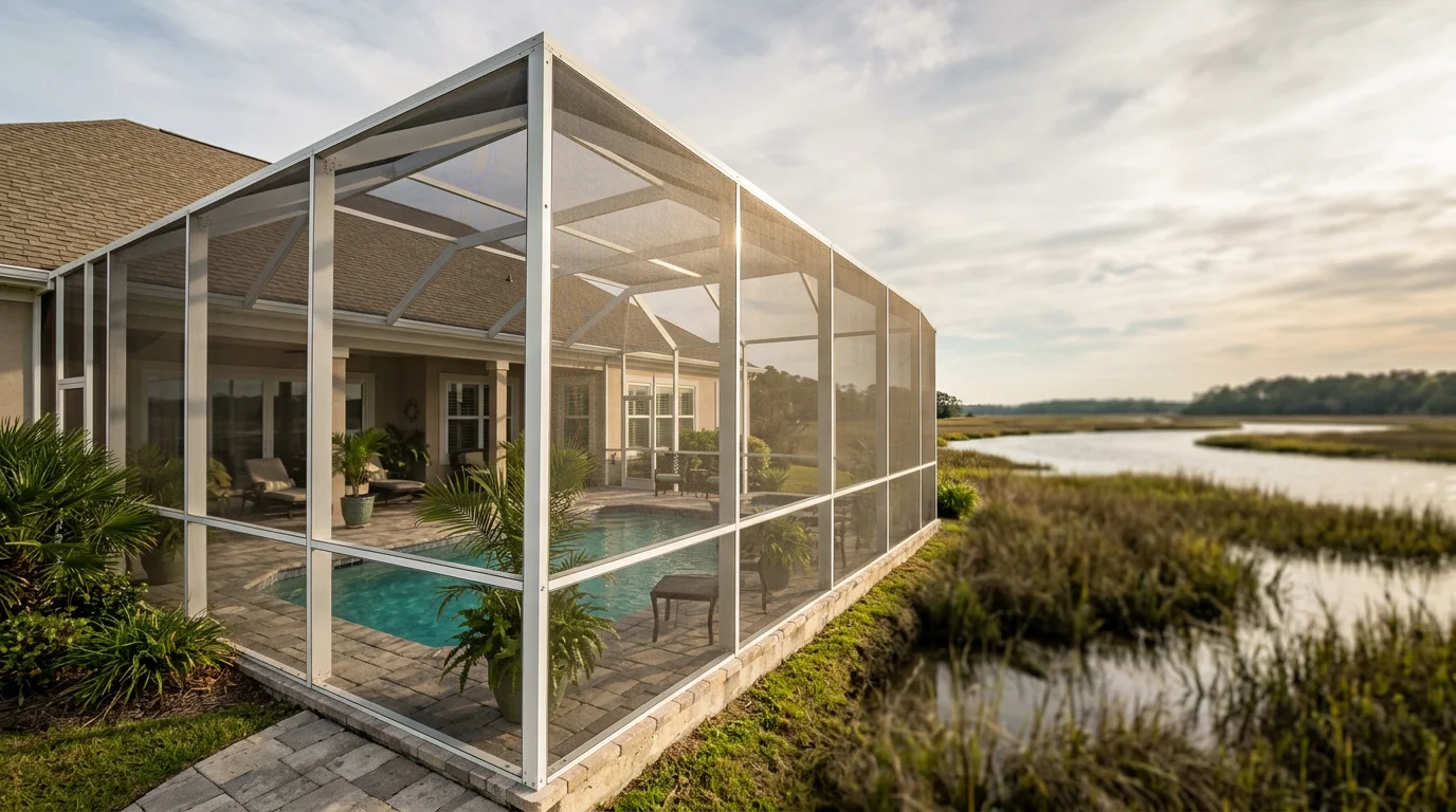 Aluminum-framed pool enclosure with fiberglass screen mesh on a single-family home in Myrtle Beach, SC, with the Intracoastal Waterway visible in the background.