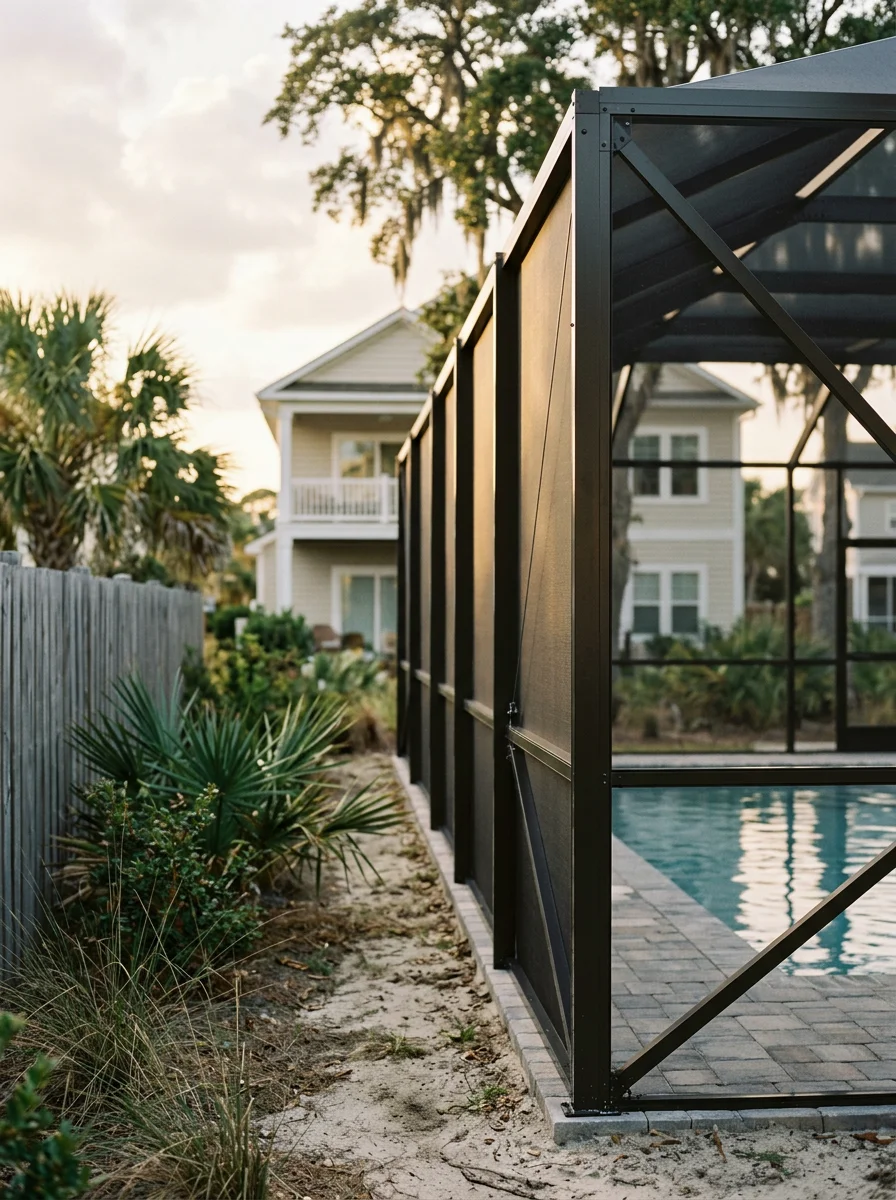 Newly installed pool enclosure with coated aluminum framing on a single-family home in Crescent Beach, North Myrtle Beach, SC.
