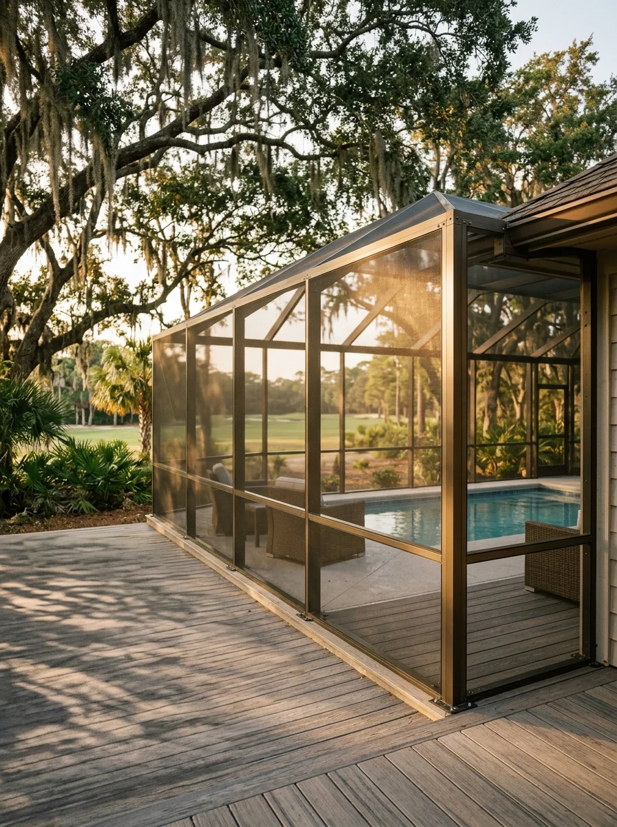 Pool enclosure installation on a golf-course home in Pawleys Plantation, SC, with live oak canopy and fairway visible in the background.