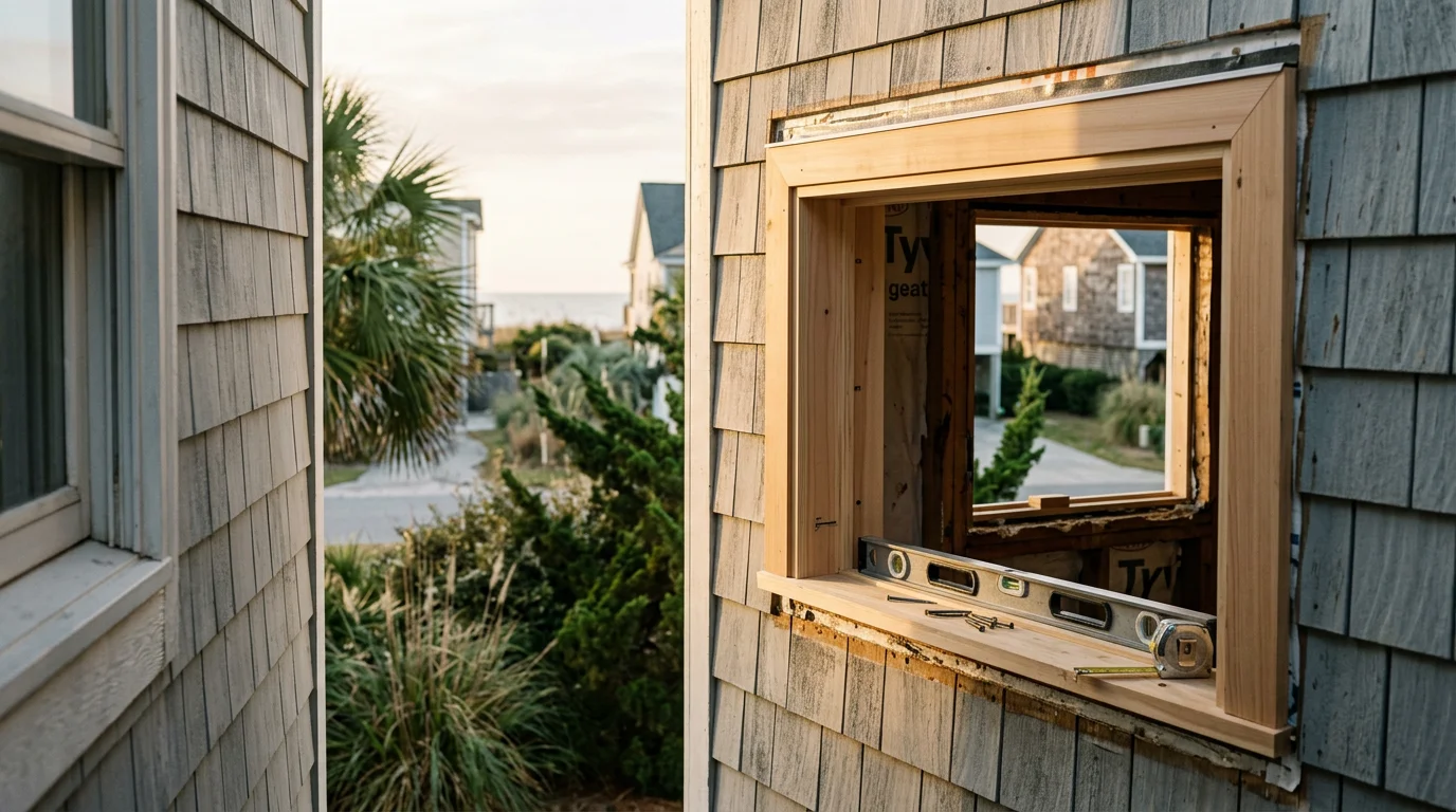 A Myrtle Beach home exterior showing newly designed custom windows with proportions matched to the coastal architectural style. The windows are positioned to frame the facade cleanly while accounting for the home's sun exposure along the Grand Strand.