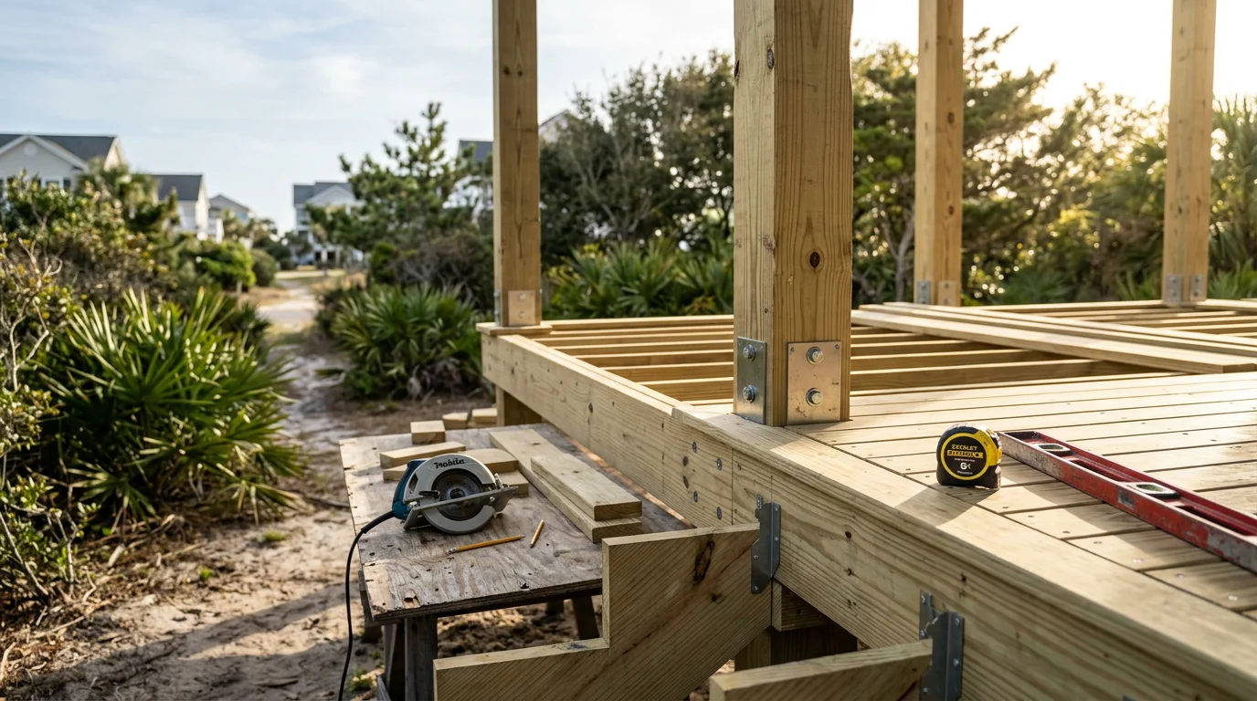 A newly installed custom wood deck attached to a single-family home in Myrtle Beach, SC, with open railings and steps leading to a backyard lawn. The deck is photographed in natural daylight showing the completed structure against a coastal residential backdrop.