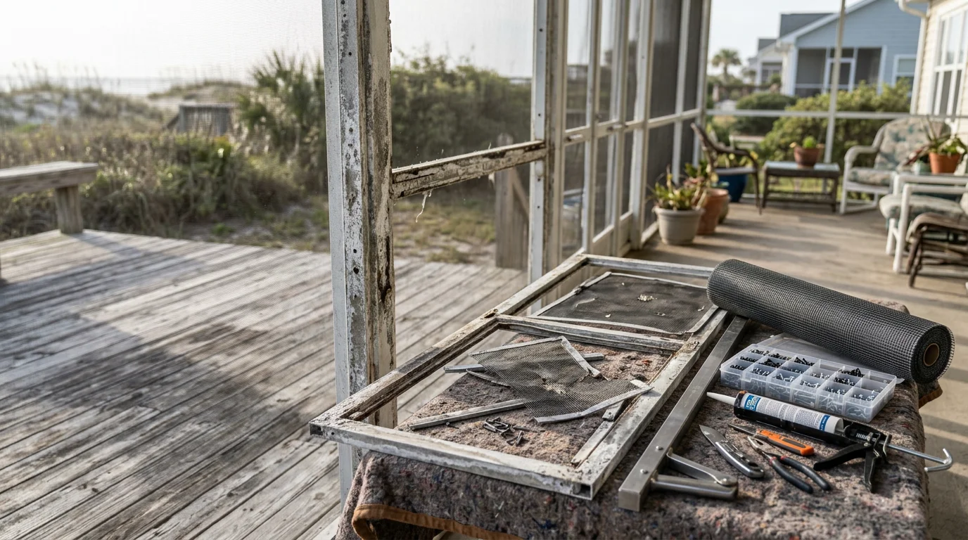 A repaired screen enclosure on a residential back porch in Myrtle Beach, SC, showing restored aluminum framing and tight mesh panels. The enclosure overlooks a coastal backyard with no visible damage to frames or screen sections.