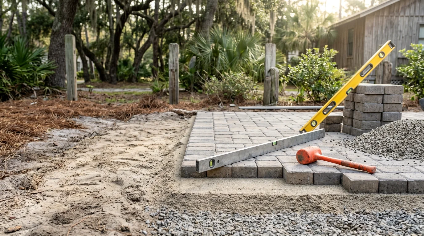 A finished hardscape design in a Myrtle Beach, SC backyard showing a structured outdoor living area with defined walkways and a level surface graded for coastal drainage. The layout connects the home's rear entry to the yard with clean lines suited to the sandy soil conditions common along the Grand Strand.