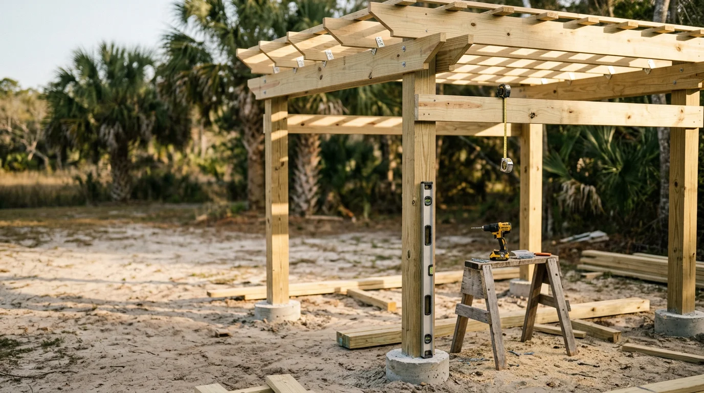 A custom wood pergola installed over a backyard patio in Myrtle Beach, SC, with open beam rafters casting filtered shade on an outdoor seating area. The structure is attached to the rear of a single-family home in a coastal South Carolina neighborhood.