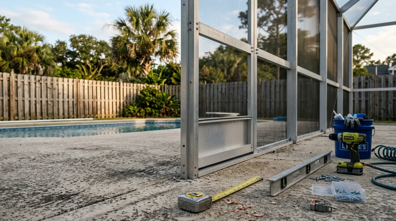 A screened pool enclosure installed around a residential backyard pool in Myrtle Beach, SC, with aluminum framing and fine mesh screening visible against a coastal landscape. The structure encloses the full pool deck area, showing a clean build suited to the Grand Strand's salt-air environment.