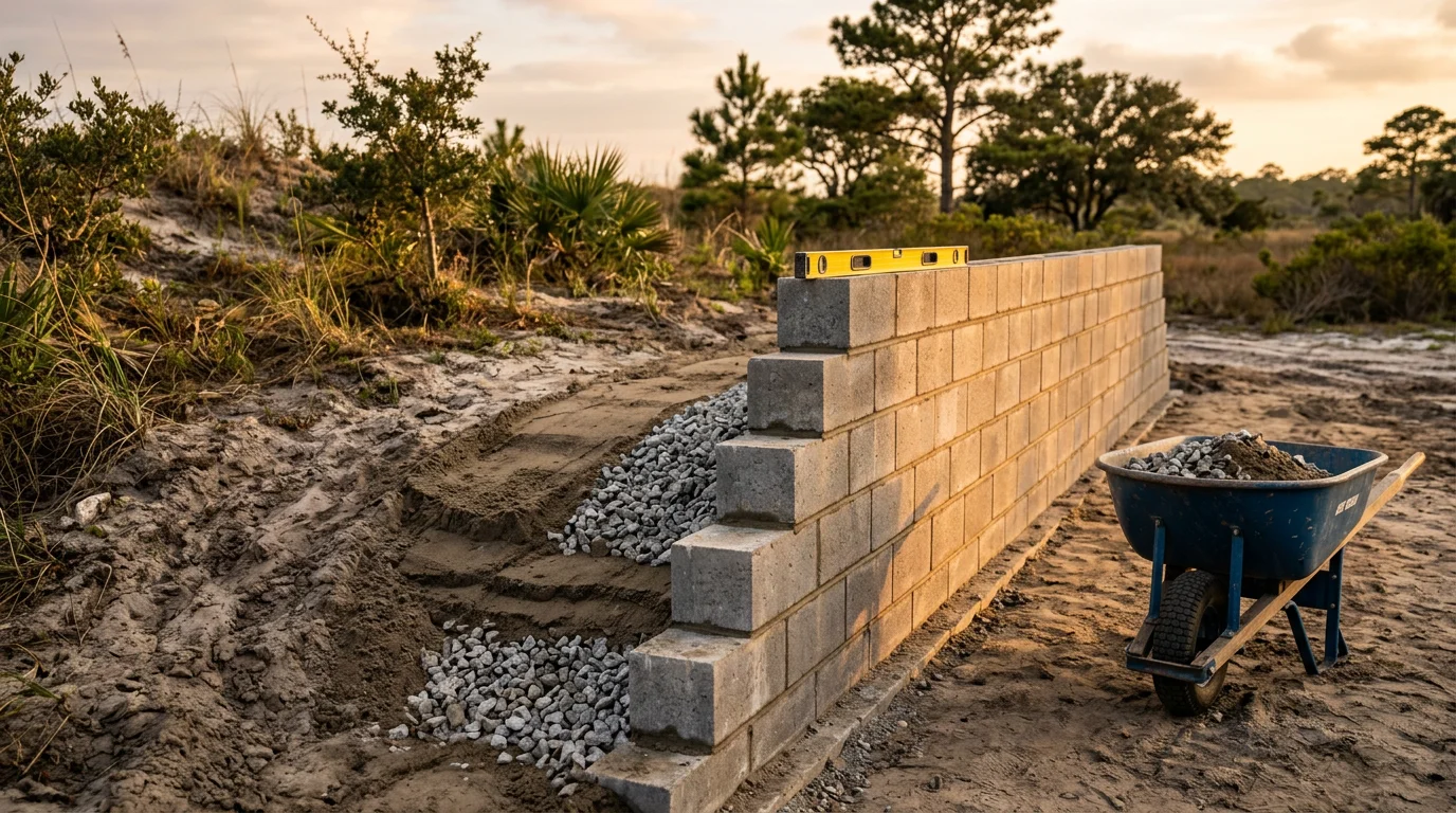 A finished retaining wall holding a sloped residential yard in Myrtle Beach, SC, with level ground above the wall and clean drainage at the base. The wall runs along the property edge with surrounding lawn and landscaping visible.