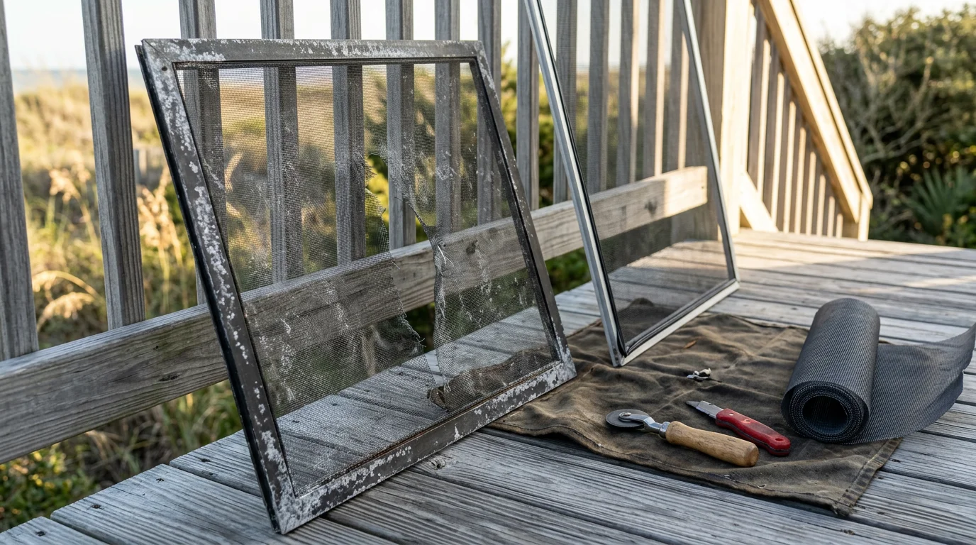 A repaired back porch screen enclosure on a Myrtle Beach, SC home, showing taut, undamaged mesh panels and intact aluminum framing. The porch overlooks a coastal backyard with no visible tears or sagging in the screen.