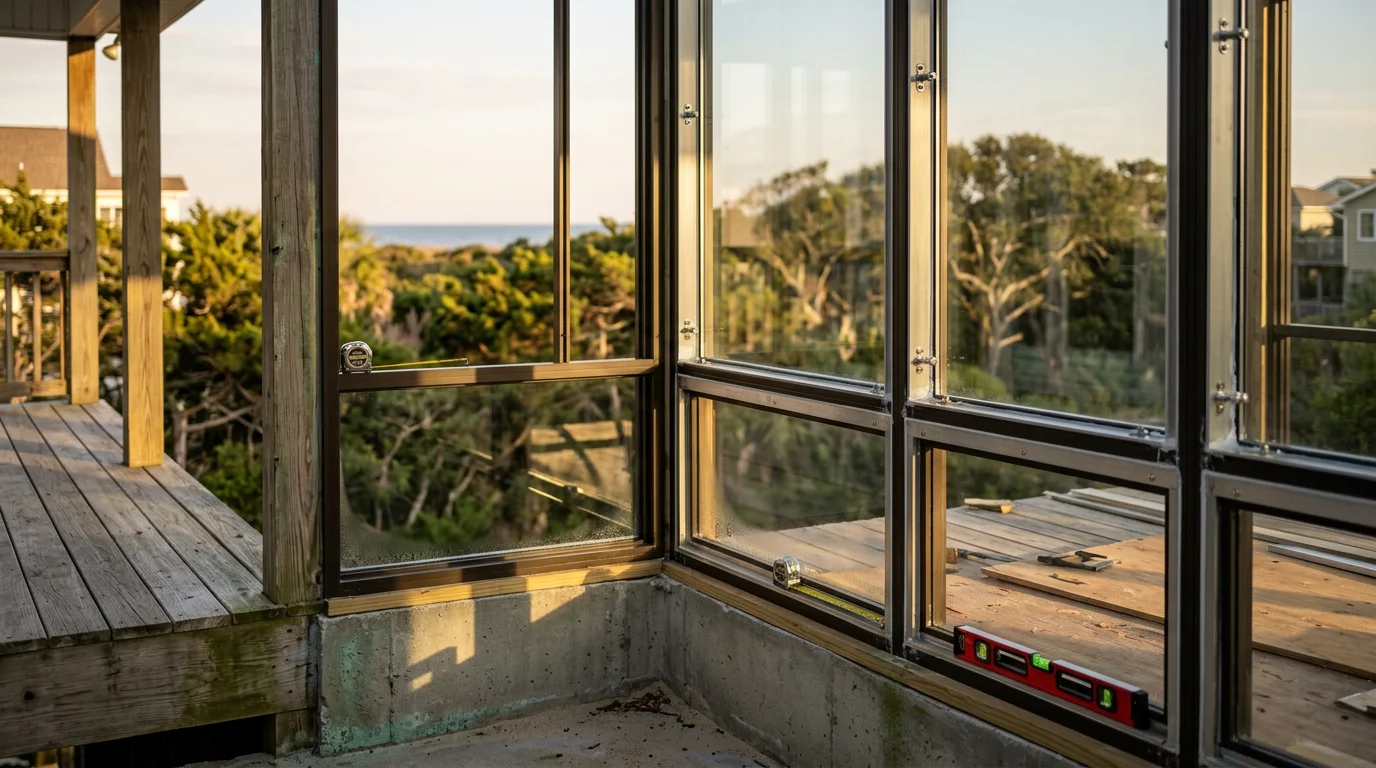 A finished sunroom addition on a Myrtle Beach, SC home, showing glass panel walls, a solid roof, and a bright interior space that opens from the main living area. The enclosed structure sits flush with the home's exterior, overlooking a coastal backyard.