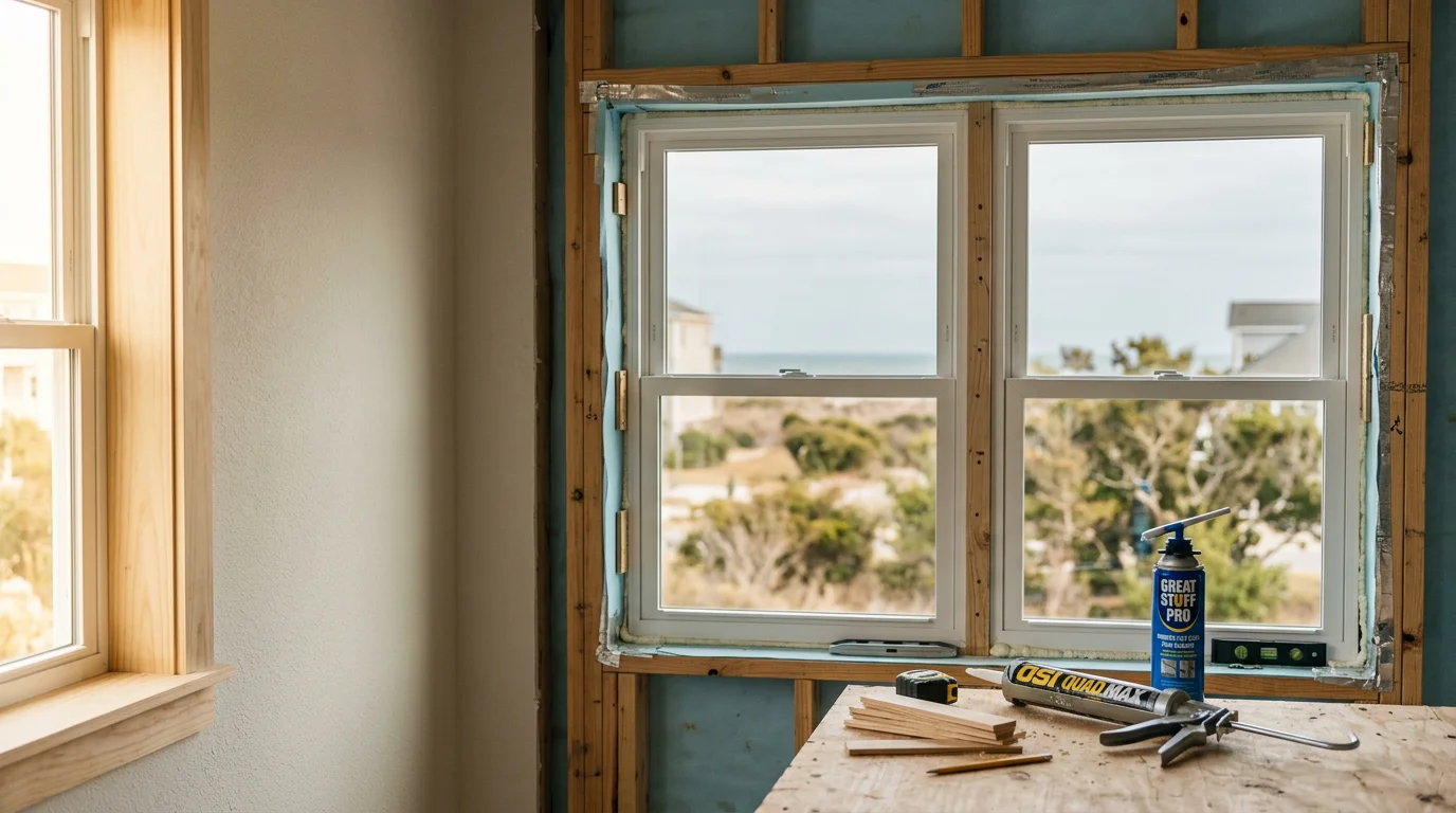 A newly installed window set into a coastal home exterior in Myrtle Beach, SC, with clean trim lines and a tight seal against the painted siding. The window frame sits flush with the wall, showing a finished installation ready for the Grand Strand's salt air and humid climate.