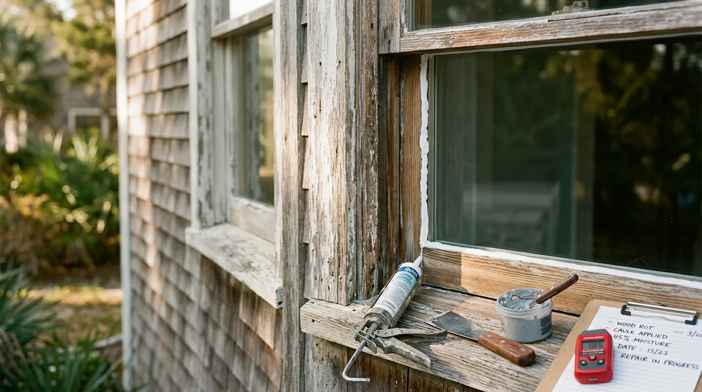 A repaired window on a coastal home in Myrtle Beach, SC, showing a clear, fog-free pane and a clean frame after professional window repair work. The exterior view shows the Grand Strand residential setting with the finished repair visible from outside.