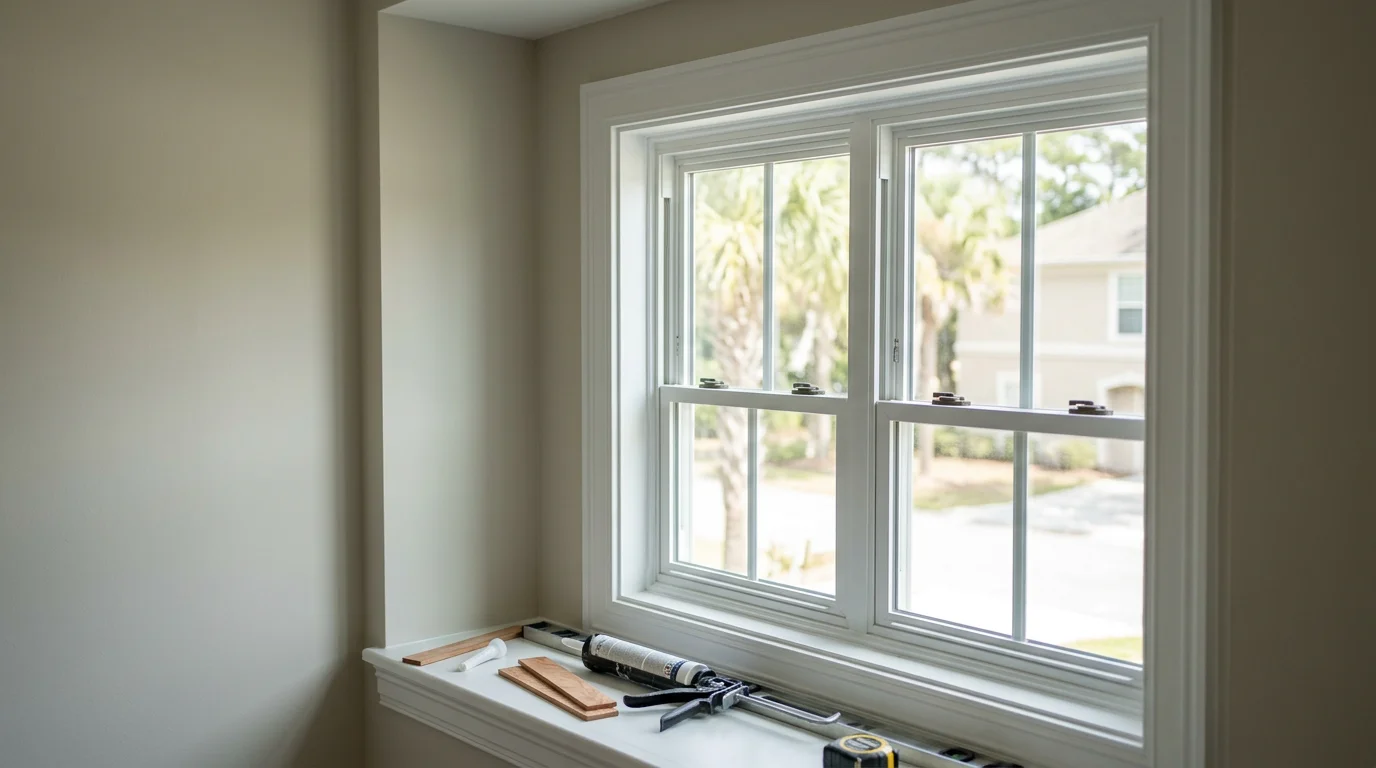 A freshly replaced window on a coastal home in Myrtle Beach, SC, showing clean trim lines and a weather-tight frame seal. The exterior view highlights the finished installation against a typical Grand Strand residential backdrop.
