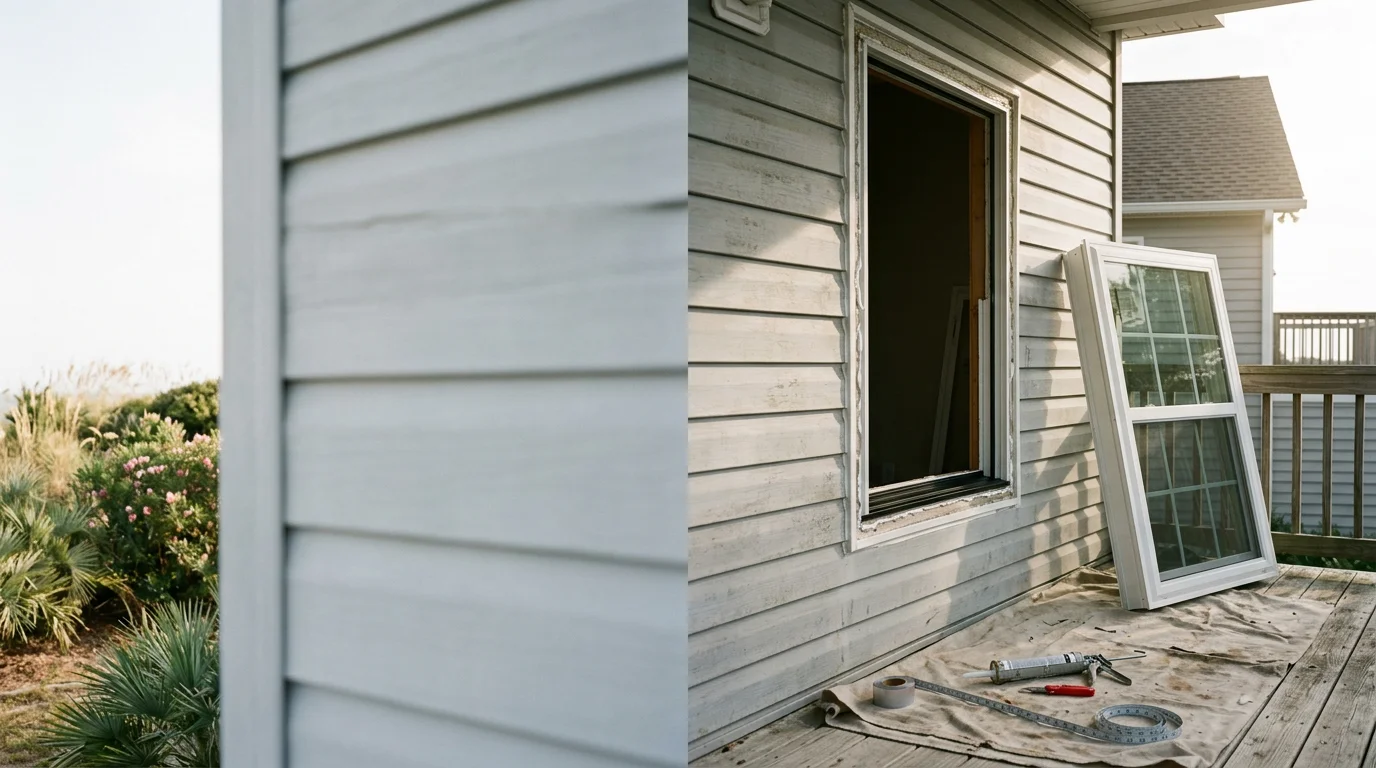 A refreshed window on a Myrtle Beach home showing clean framing and clear glass after a professional window upgrade. The coastal residential exterior is visible in the background.